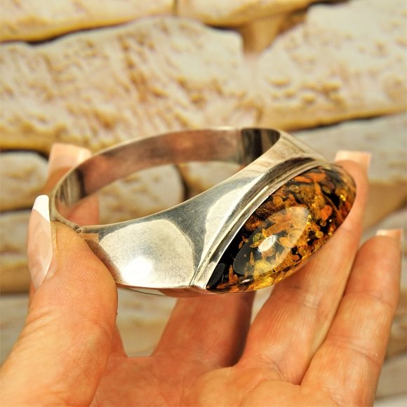 HUGE AMBER 925 SILVER BANGLE BRACELET, RARE TO FIND JEWELRY - Picture 10 of 11